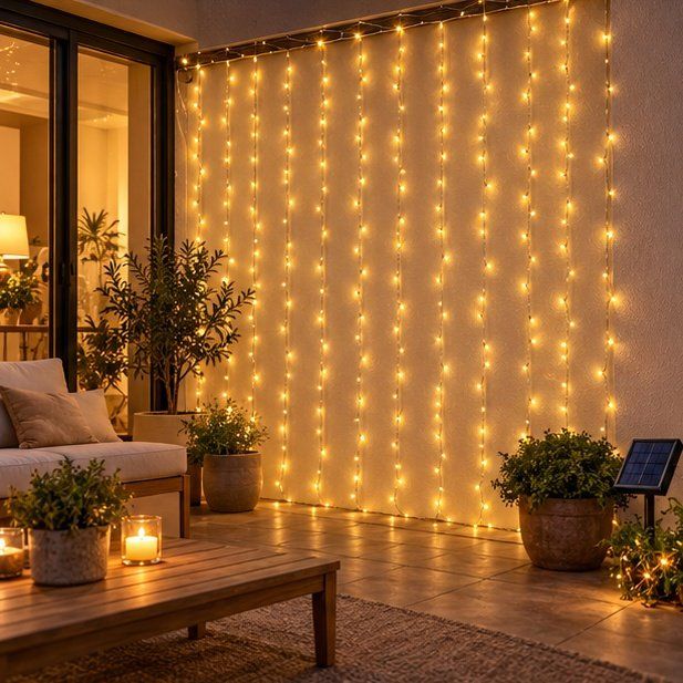 Cortina solar de luces hada iluminando una terraza de noche